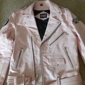 Men's Punk Biker Leather Jacket Staight to hell pink commando with misfits patch